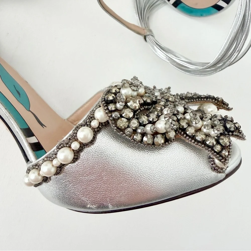 GUCCI || Allie Bow Metallic Pearl Crystal Bridal Sandals Silver Heels EU 36.5